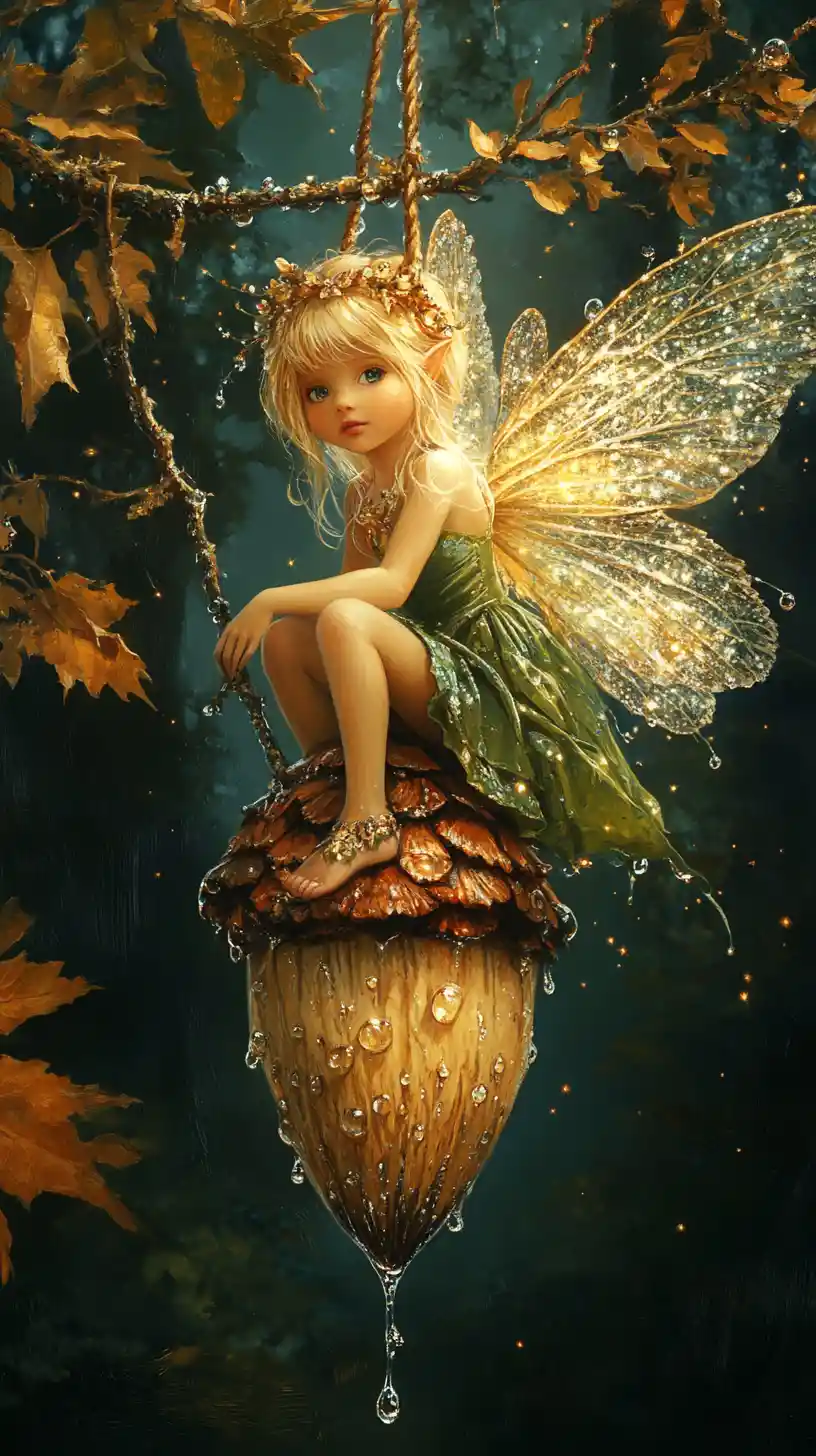 Blonde fairy riding an acorn in a glowing forest