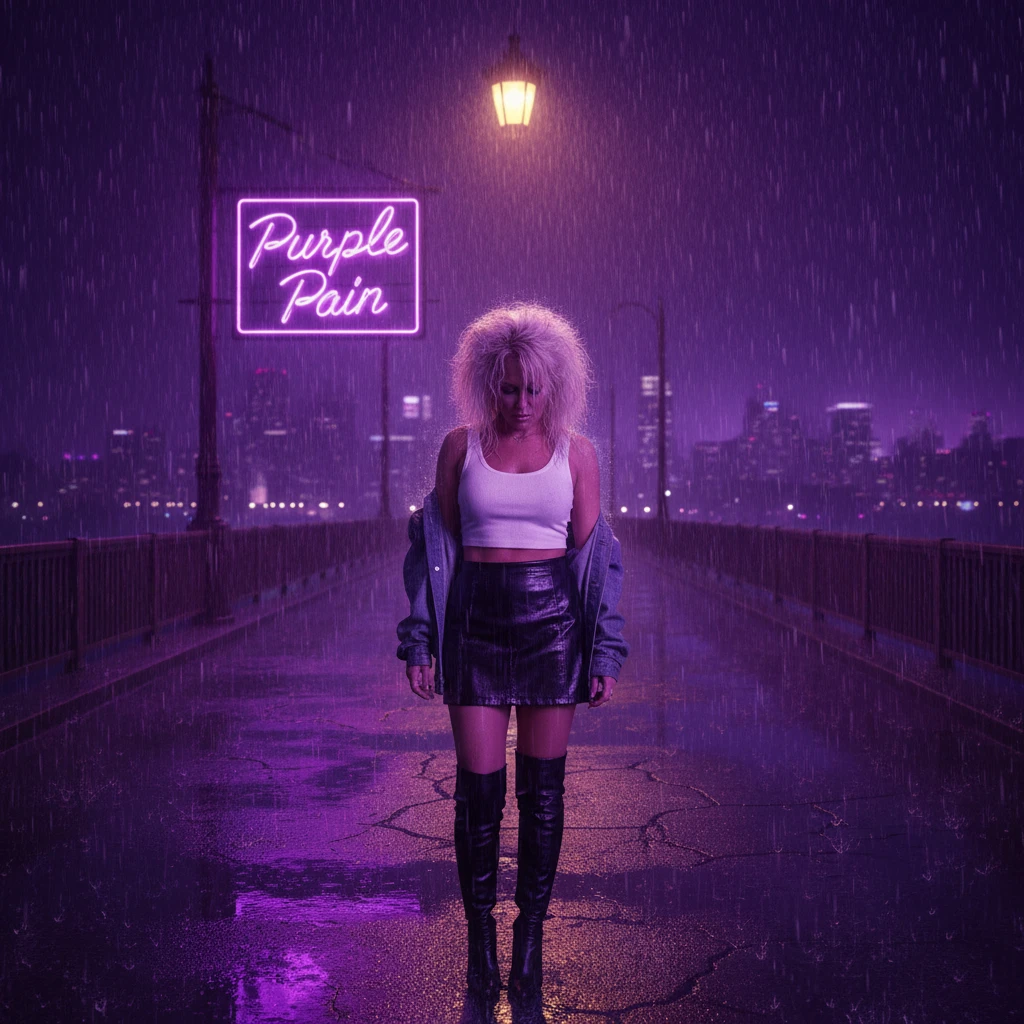 Defiant blonde woman on a rainy neon city bridge