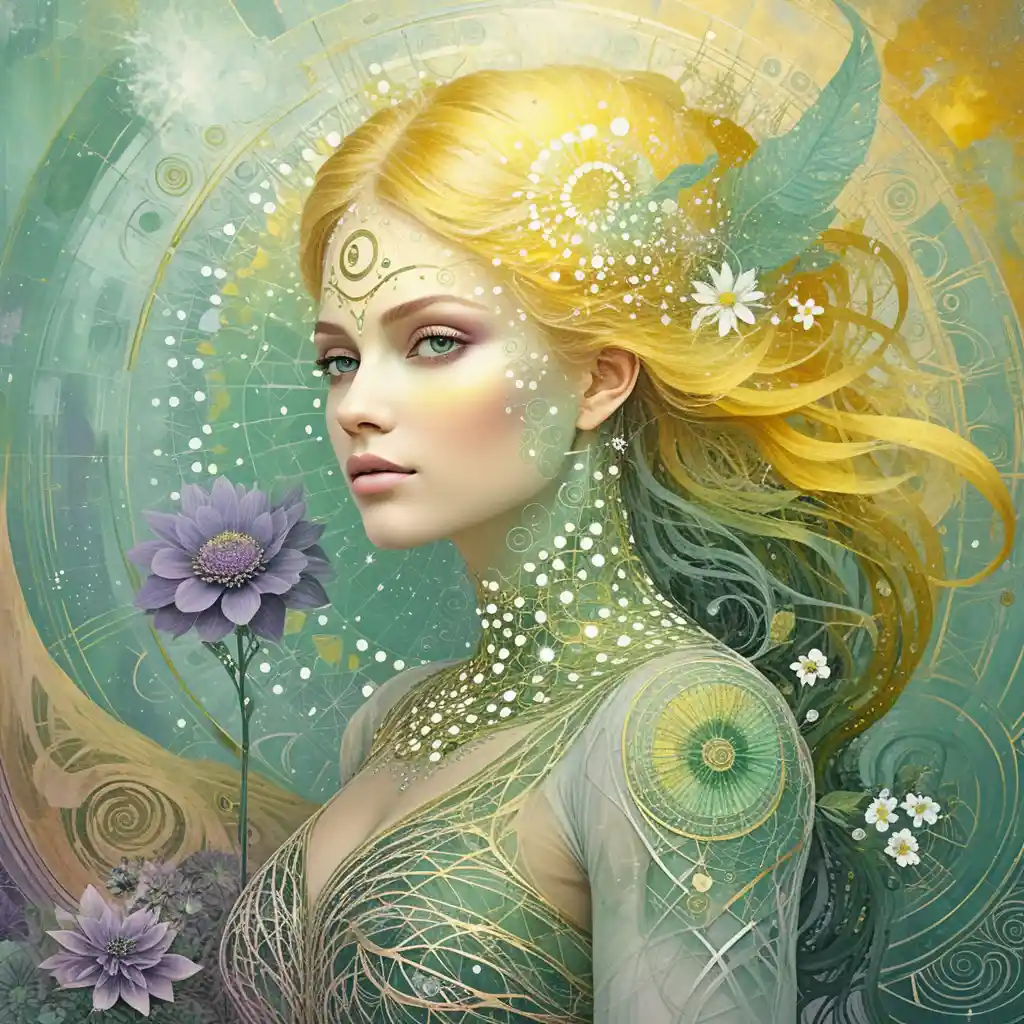 Fantasy woman with flowers in radiant fractal harmony