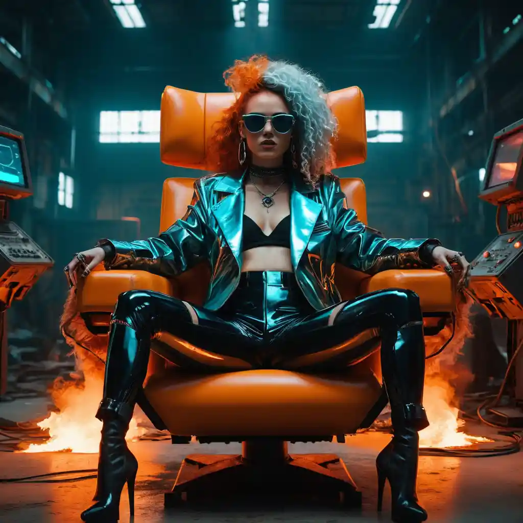 Cyberpunk queen posing in a ruined robotic factory