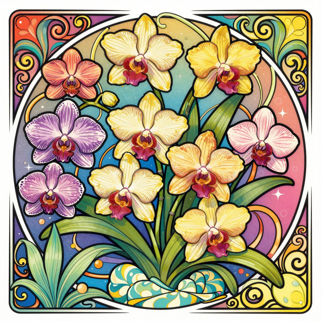 Art Nouveau orchids with flowing botanical linework in rainbow colors