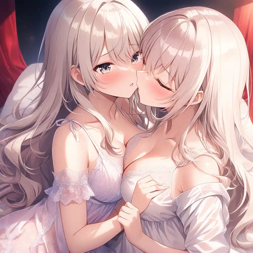 Intimate lesbian boudoir with two women in lace nightgowns