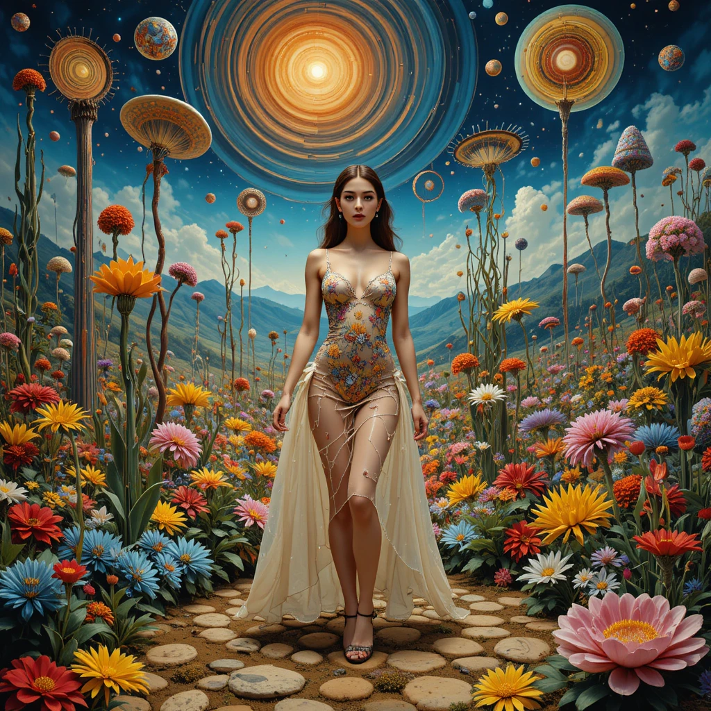 Surreal psychedelic garden with a beautiful girl at the center