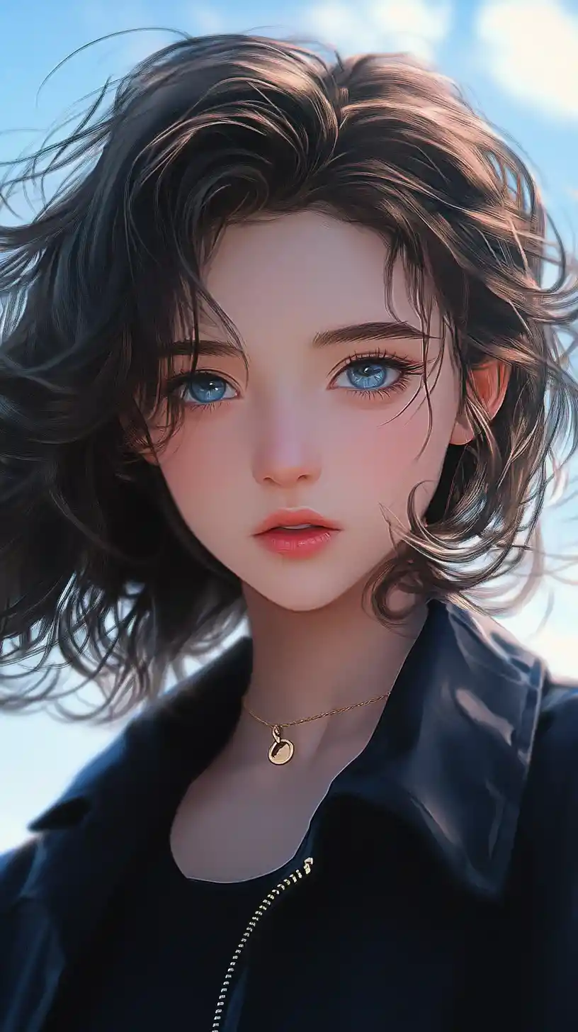 Anime girl portrait under a bright blue sky