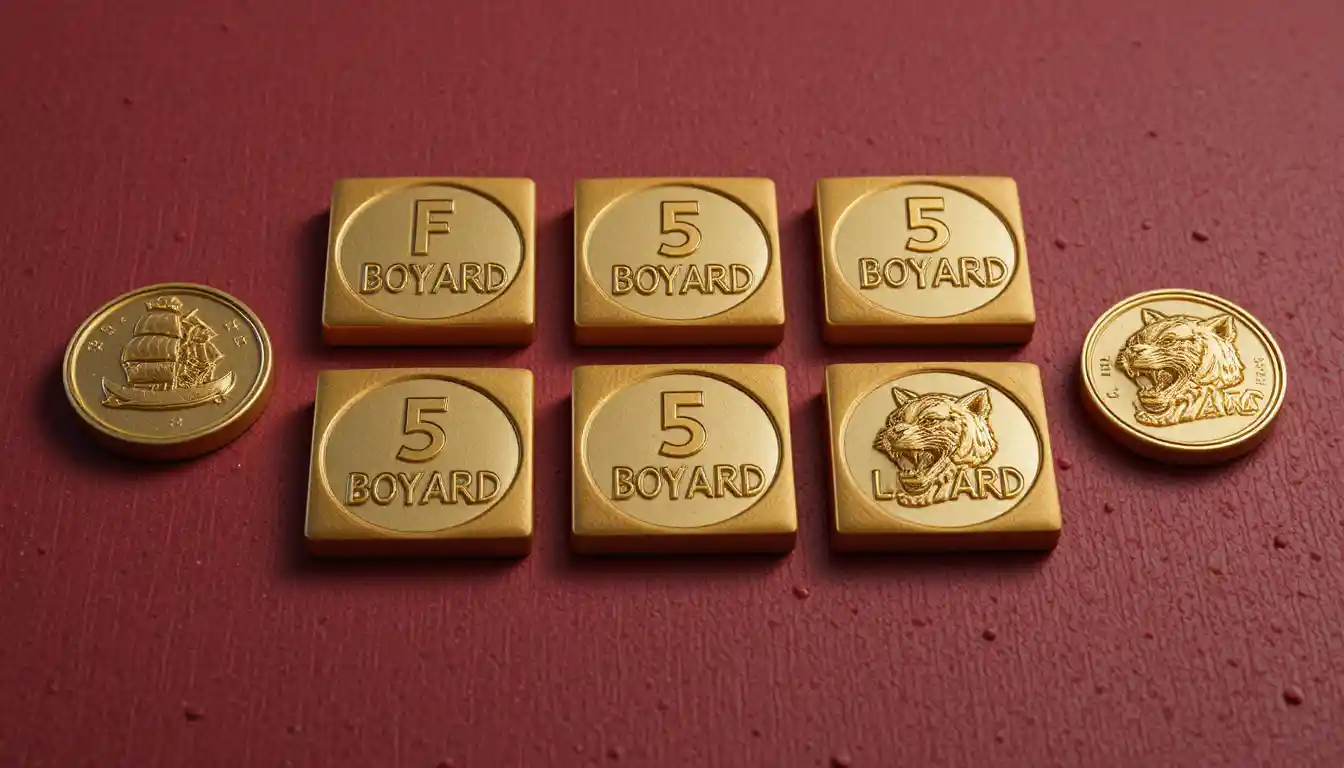 Golden coins with tiger and ship on red textured background