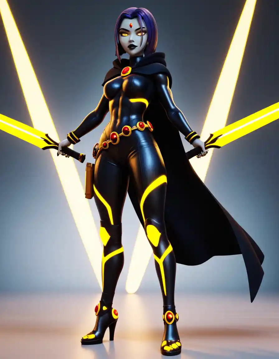Futuristic anime warrior woman in black armor with neon glow