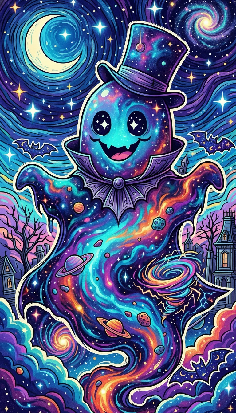 Gothic ghost made of cosmic dust among planets and stars