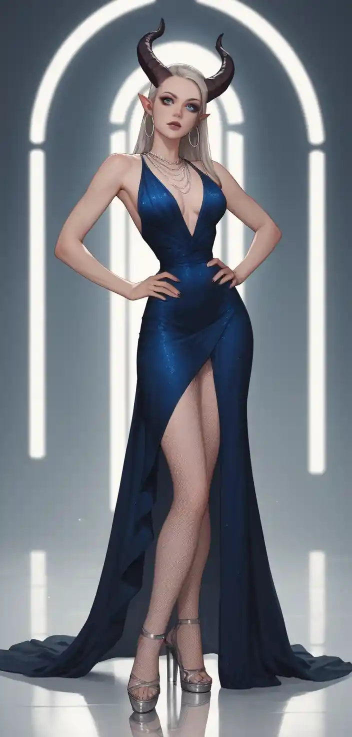 Gothic tiefling woman in pale blue corset evening gown