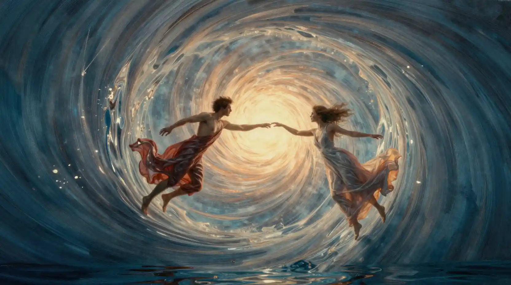 Couple Reaching Through A Cosmic Ouroboros Portal