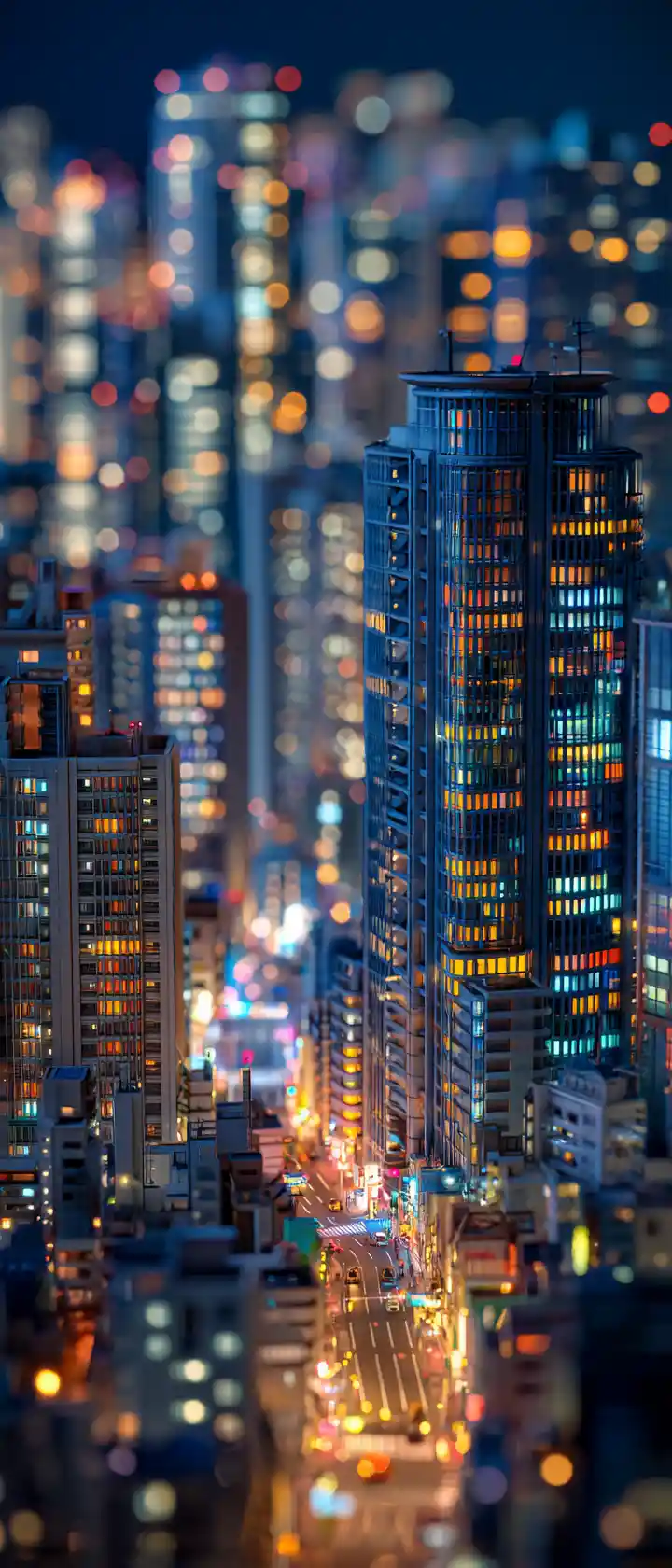 Tiny anime city of living skyscrapers glowing at night