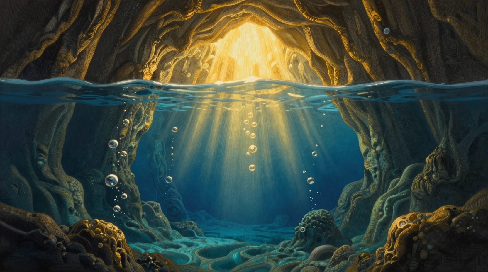 Golden light rising from hidden underwater cave depths