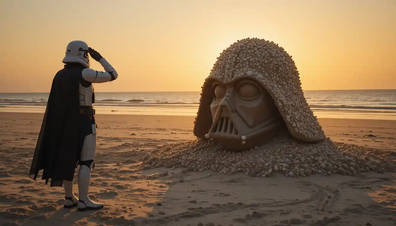 Stormtrooper Saluting Darth Vader Sand Sculpture At Sunset