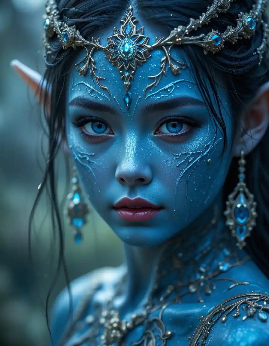 Mystical elf girl in blue body art close up portrait