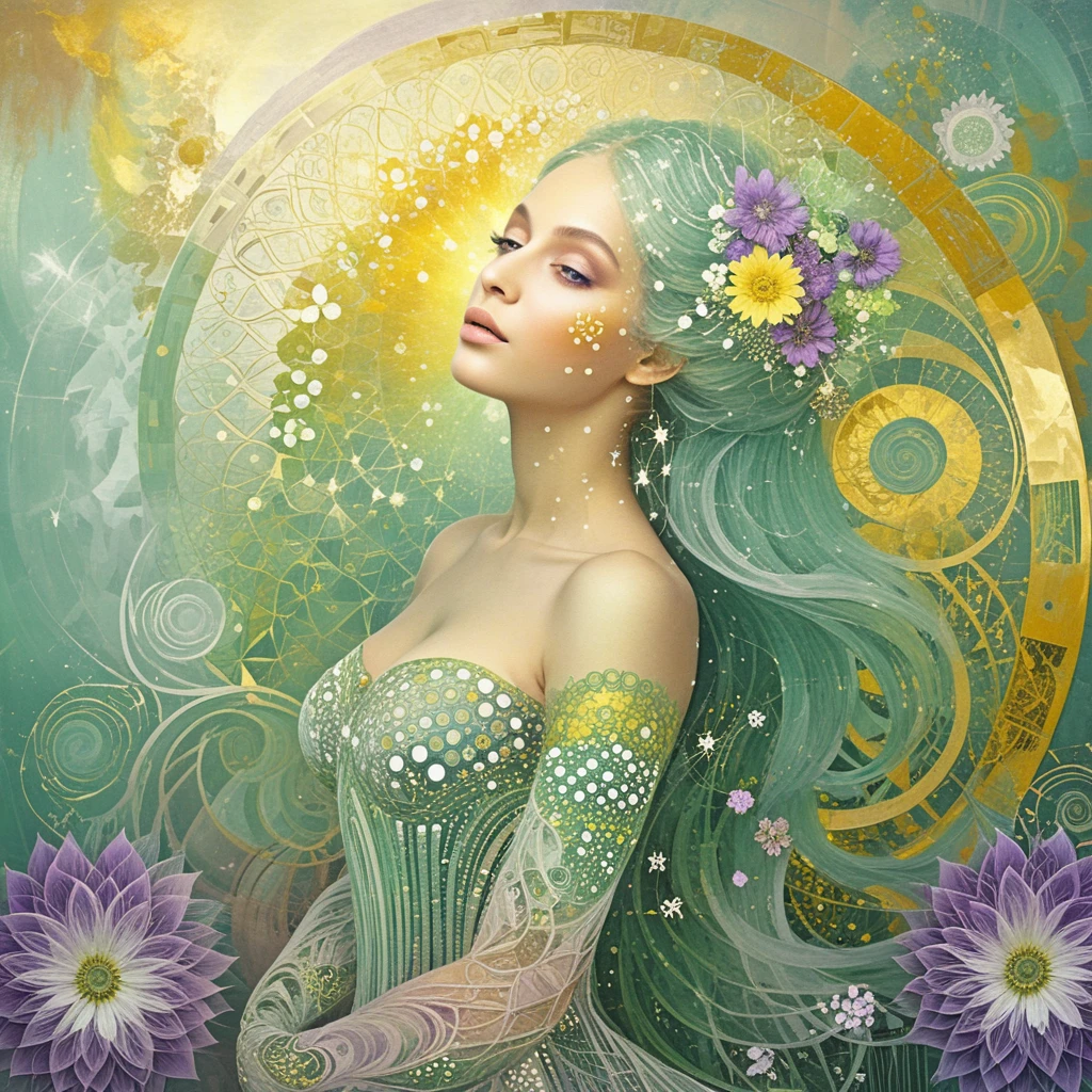 Fantasy woman amid golden fractal flowers and healing colors