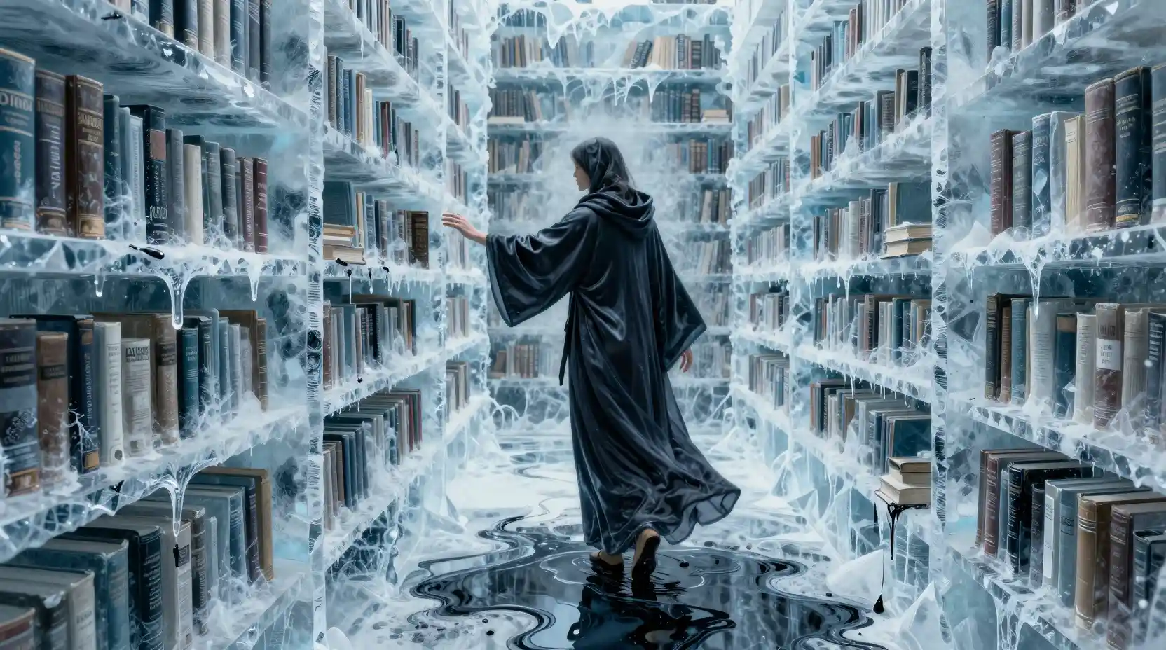 Surreal frozen library of melting ice books and ink