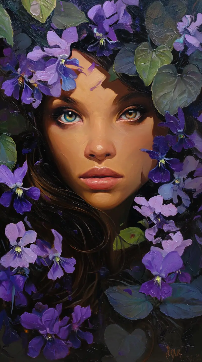 Surreal woman emerging from African violets in magical light
