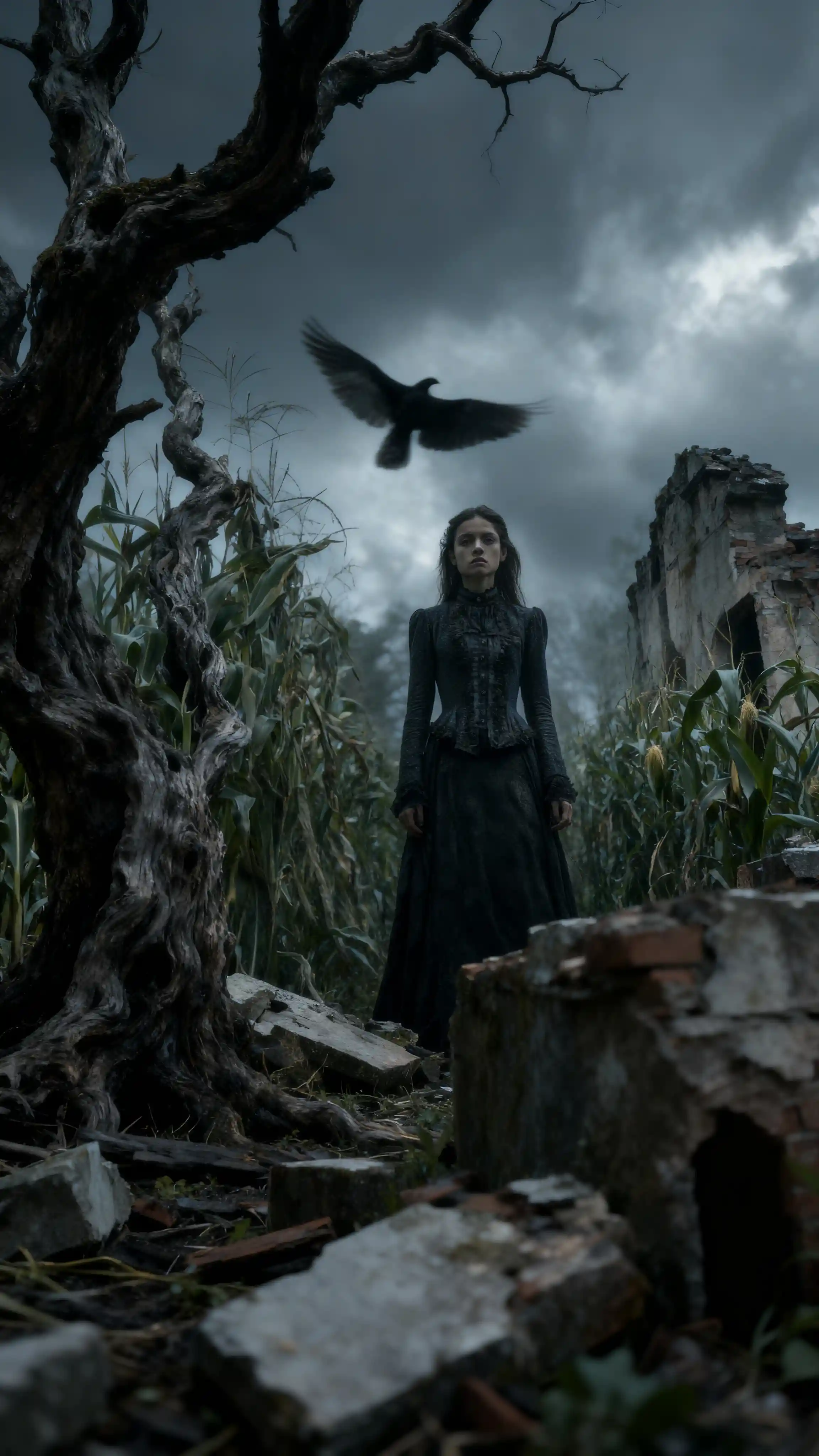 Gothic woman in a ruined cornfield under a dark sky