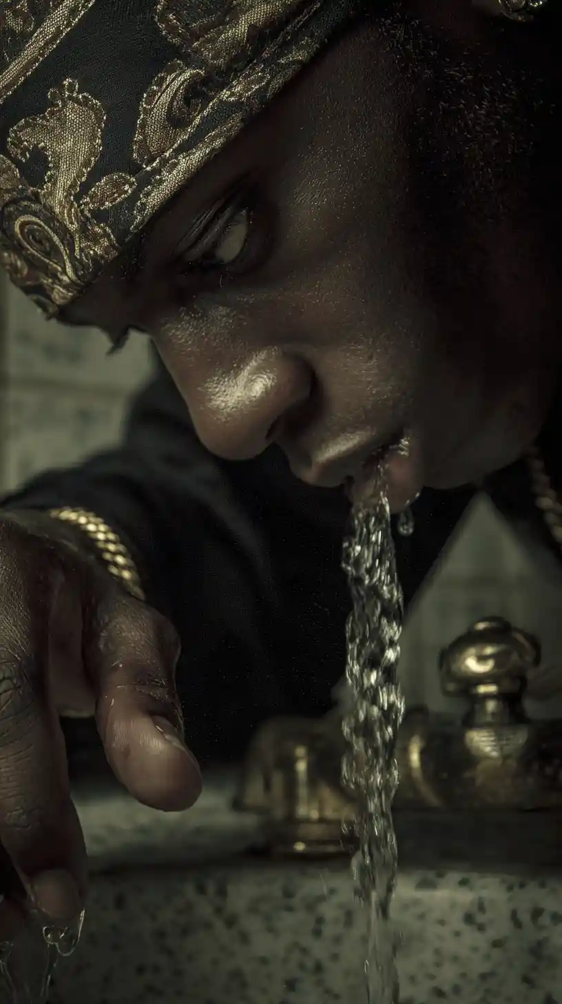 Teen drinking water from a kitchen faucet indoors