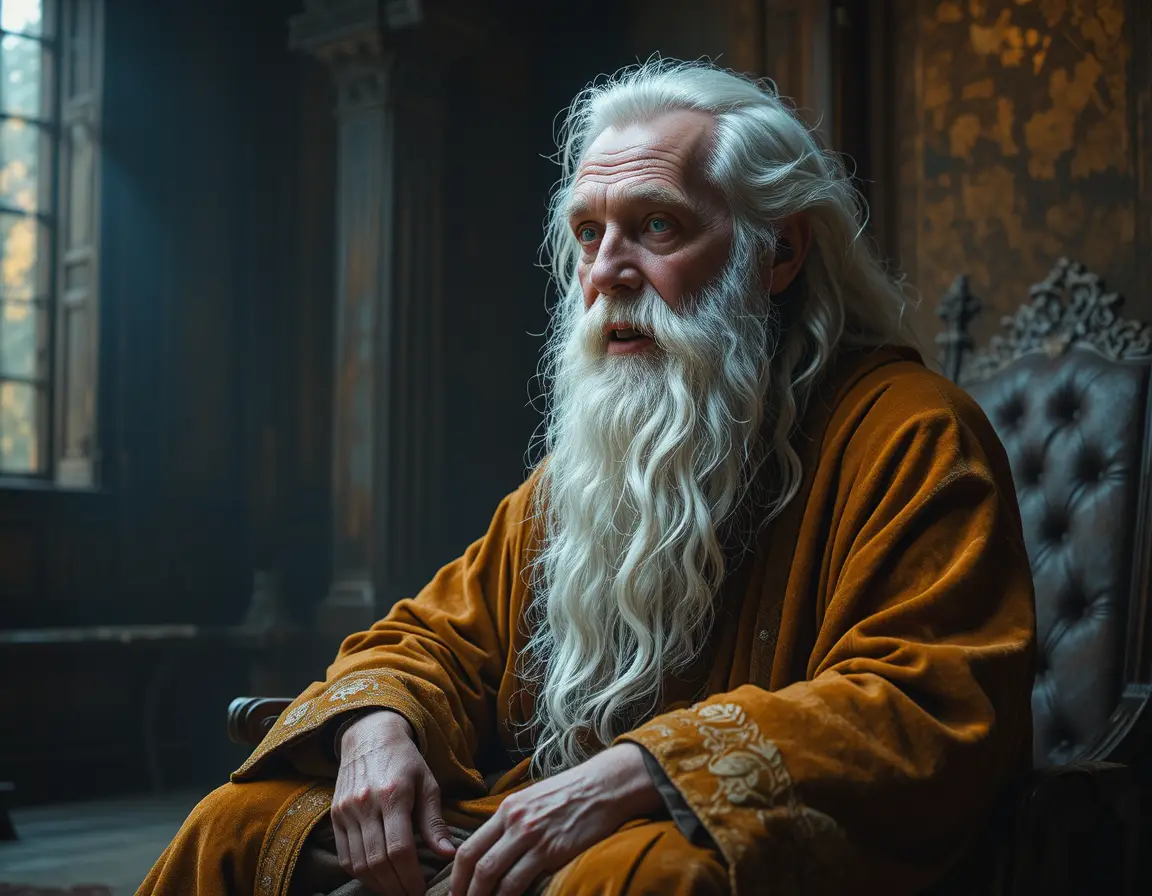 Elderly white haired man in robes in dramatic interior