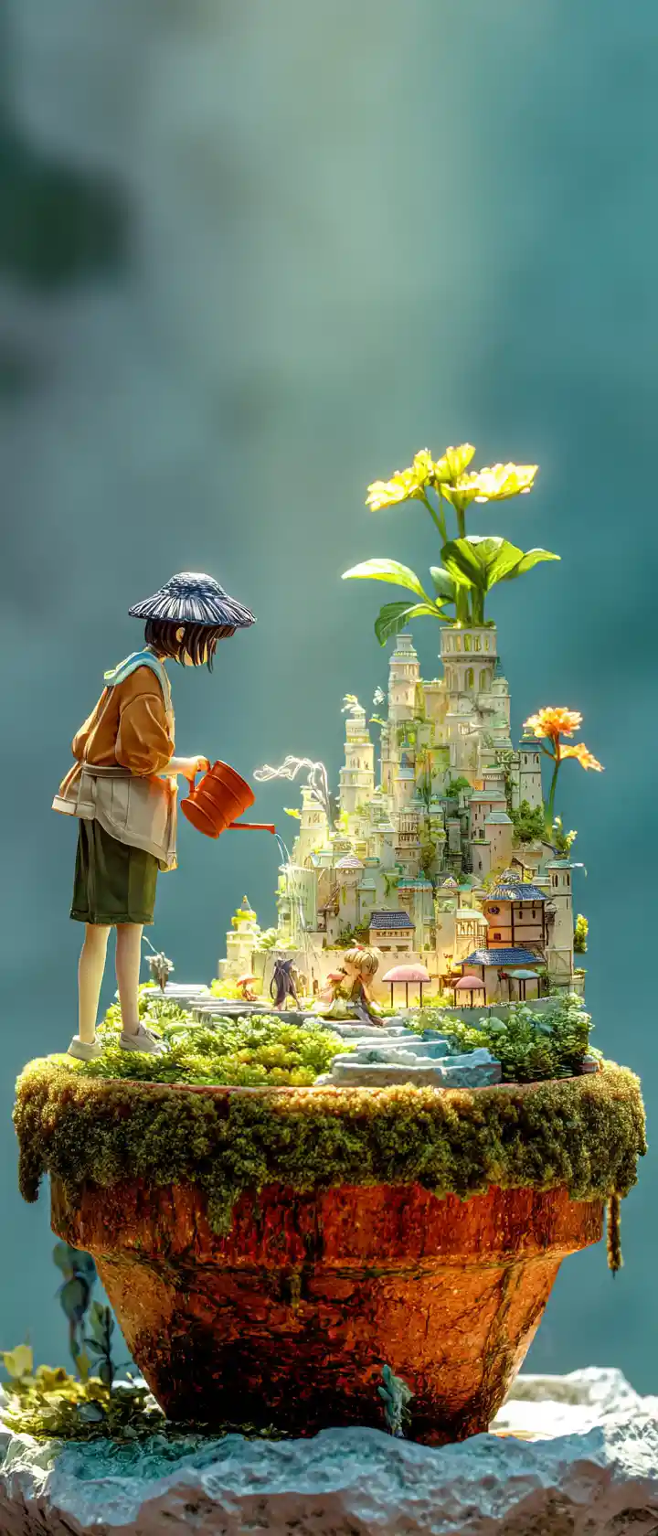 Anime gardener watering a glowing miniature fantasy kingdom