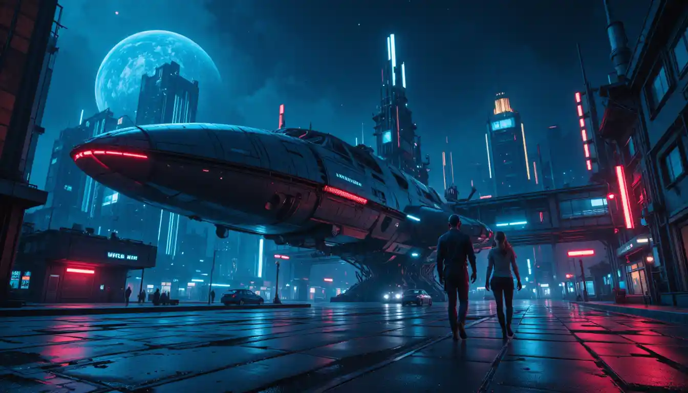 Futuristic space station with neon lights in a dark sky