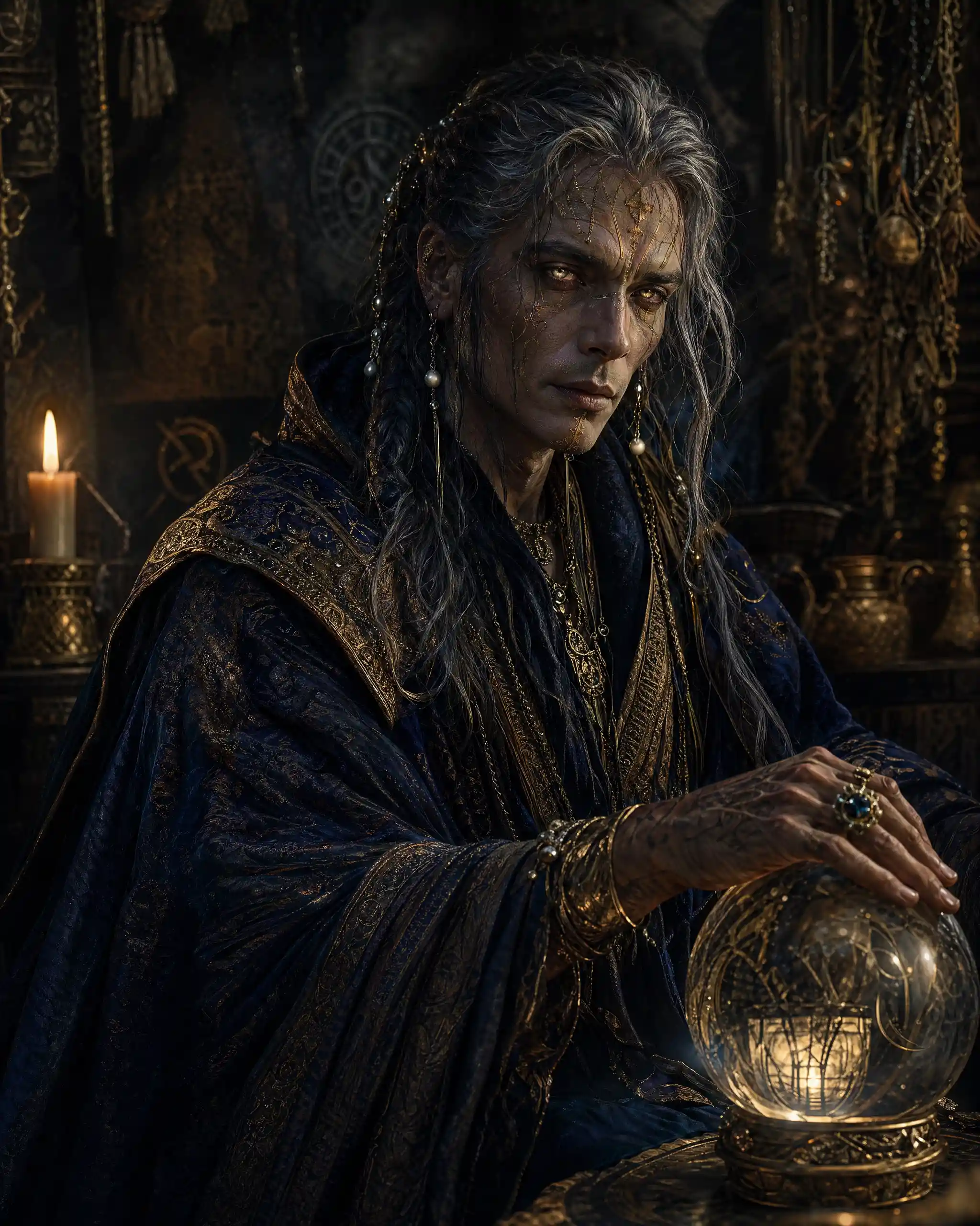 Mystic seer portrait with glowing crystal sphere
