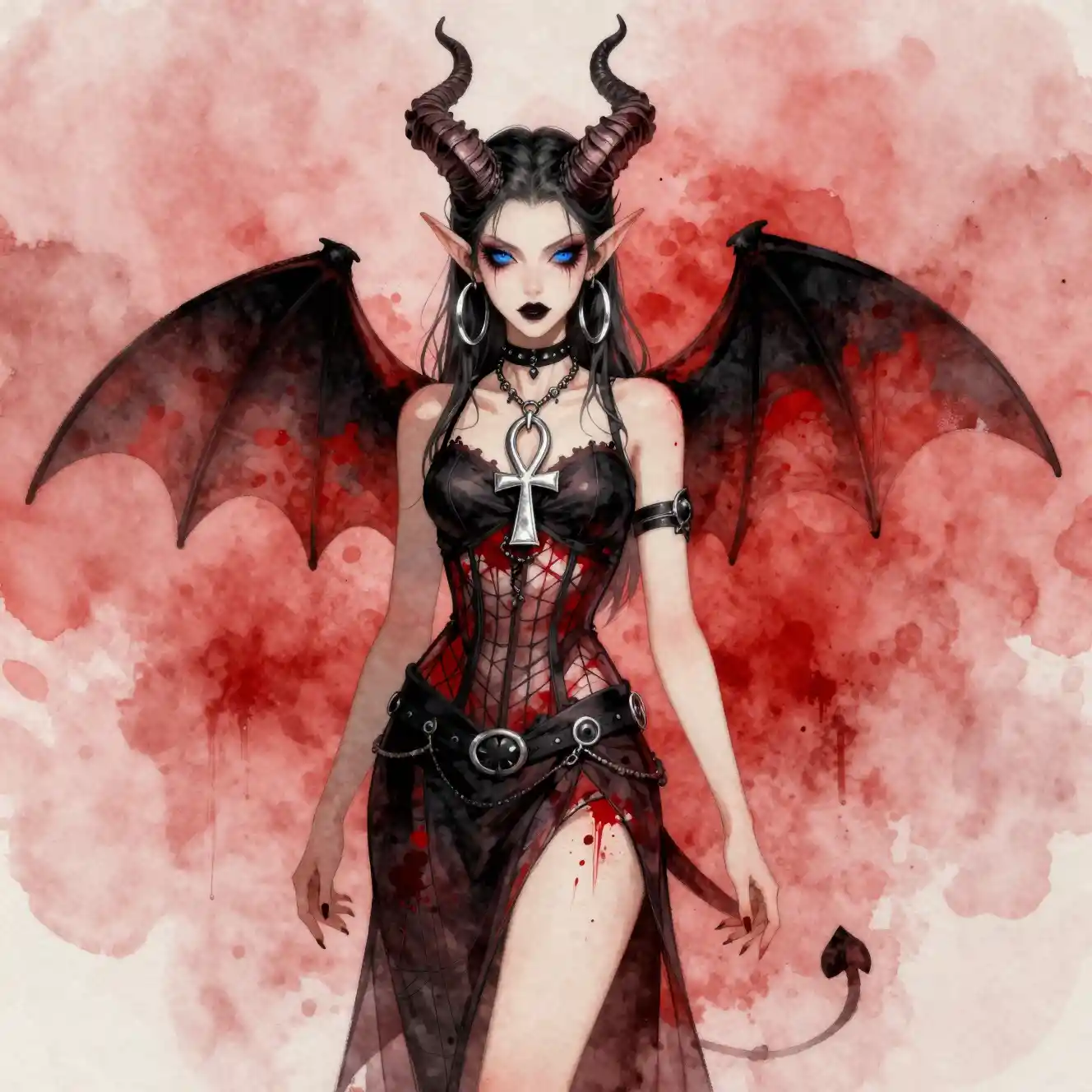 Gothic tiefling woman with bat wings on red background