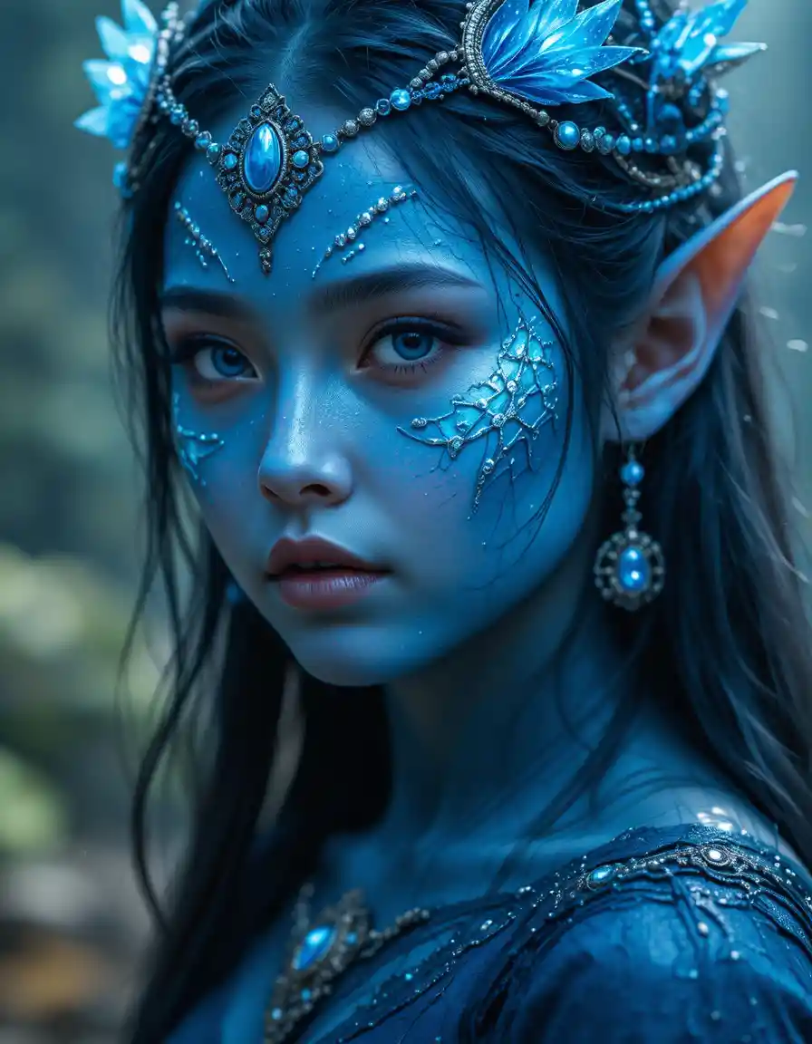 Elf girl in mystical blue body paint close up portrait