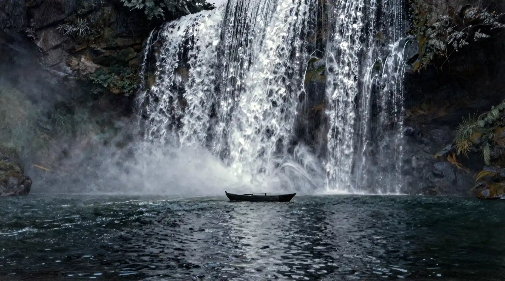 Cascata argentata al chiaro di luna che si riversa in un lago scuro e immobile
