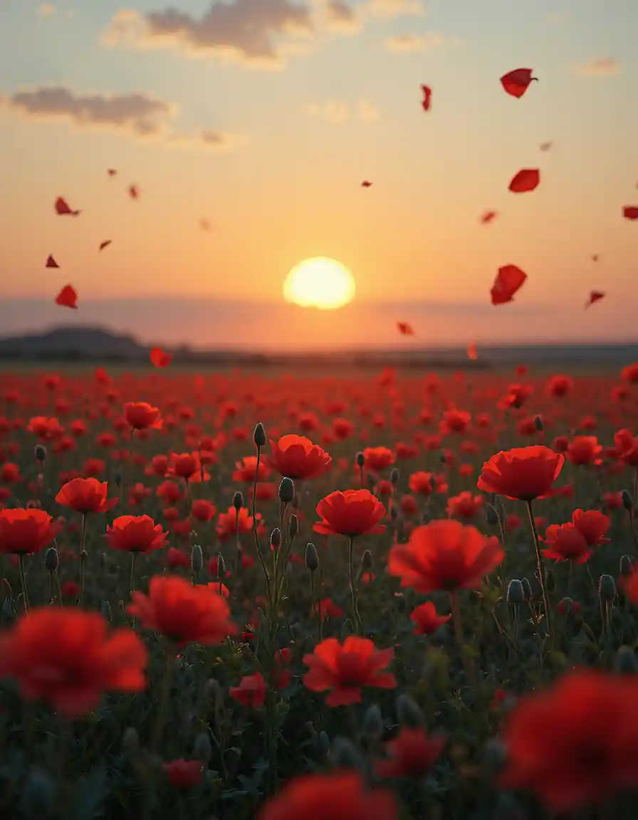 Glowing red poppy field under a dramatic setting sun
