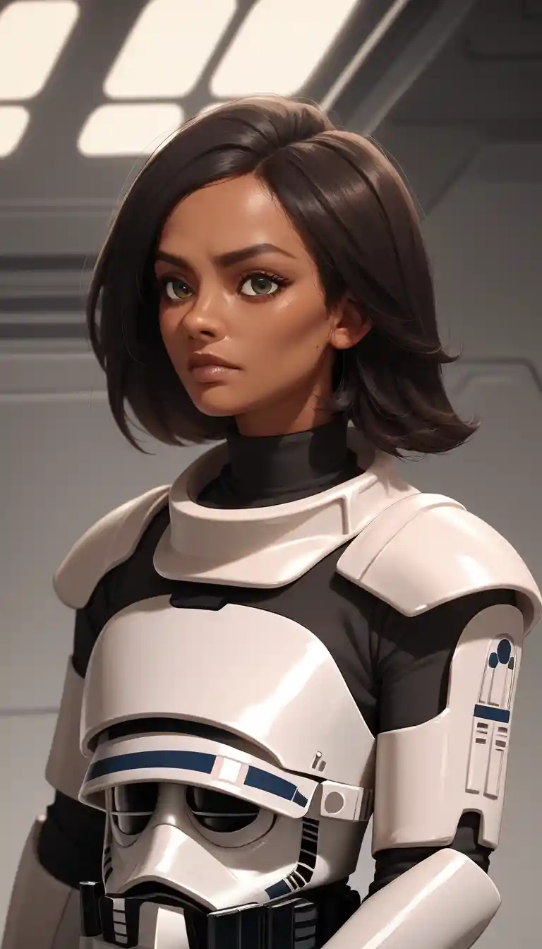 Brown skinned woman in futuristic white armor with long dark hair