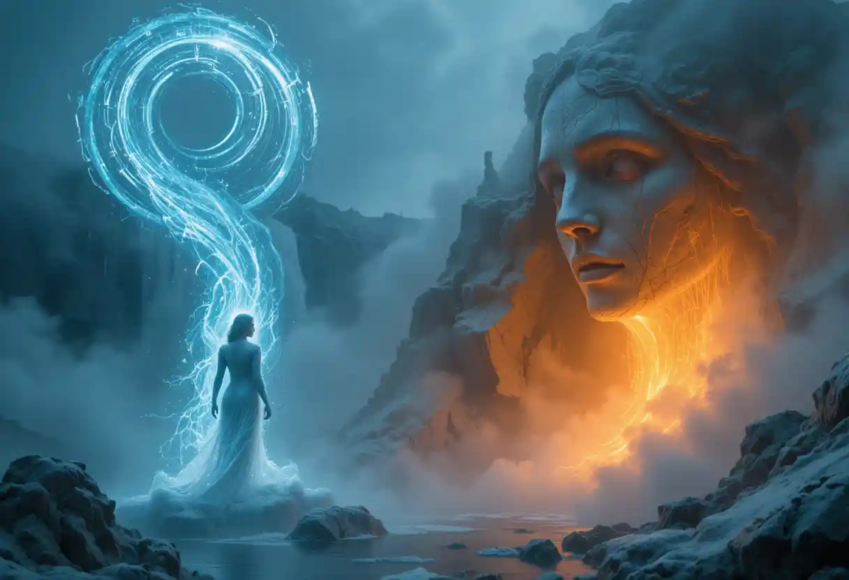 Spectral frost woman descending through mist and cascading water