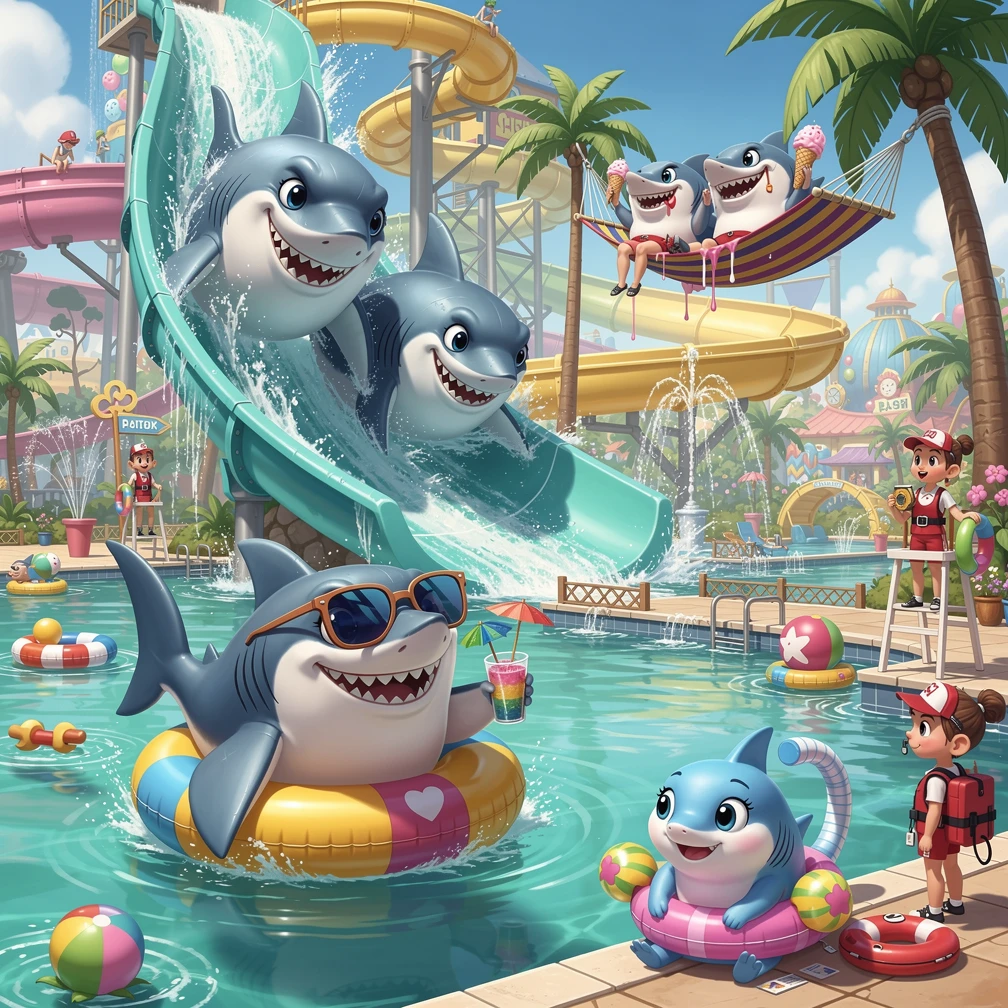 Surreal sharks relaxing in a playful water park break