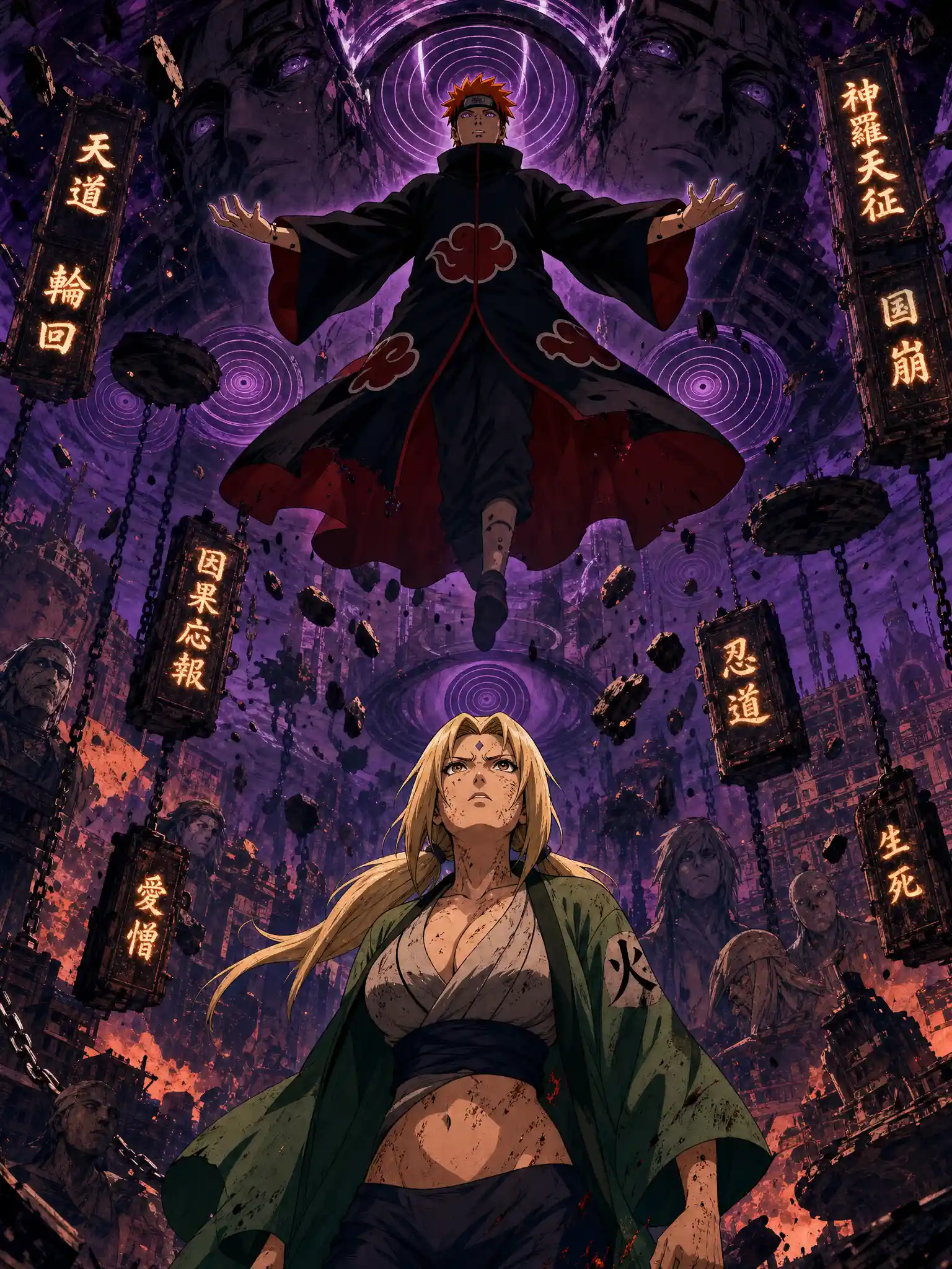 Anime woman stands defiant in a divine fantasy courtroom