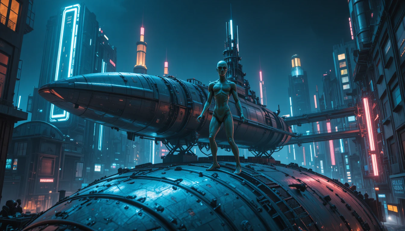 Damaged spaceship docked at neon space station at night