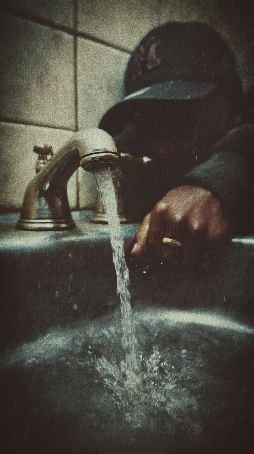 Young man drinking water from a bathroom faucet