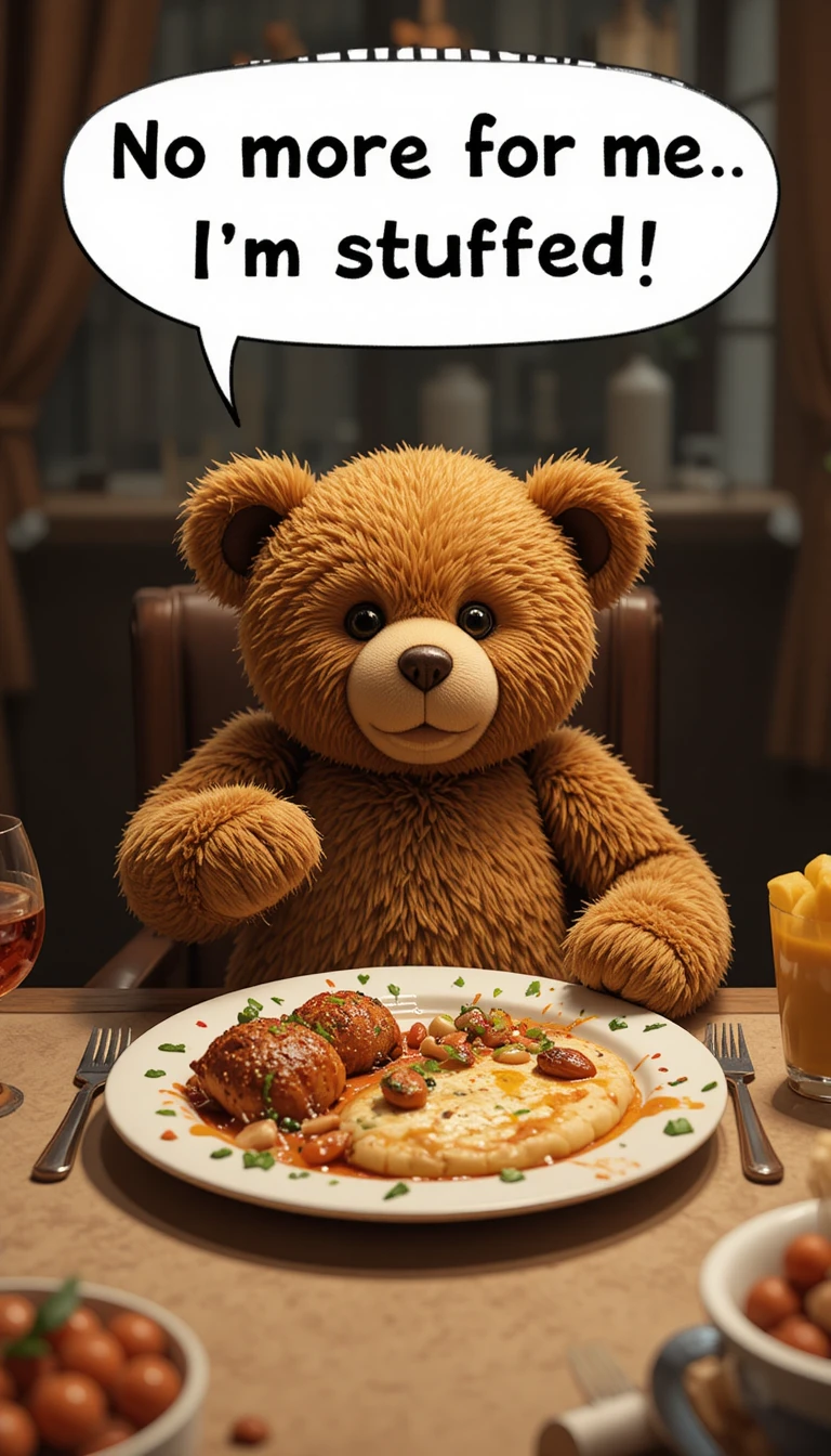 Teddy Bear Sitting At Dinner Table With Half Eaten Meal