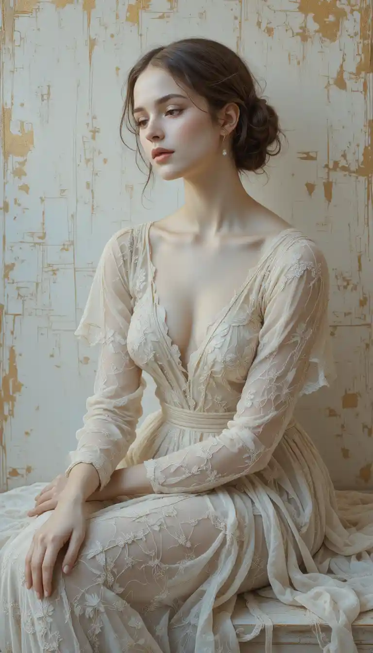 Contemplative woman in lace against luminous white backdrop