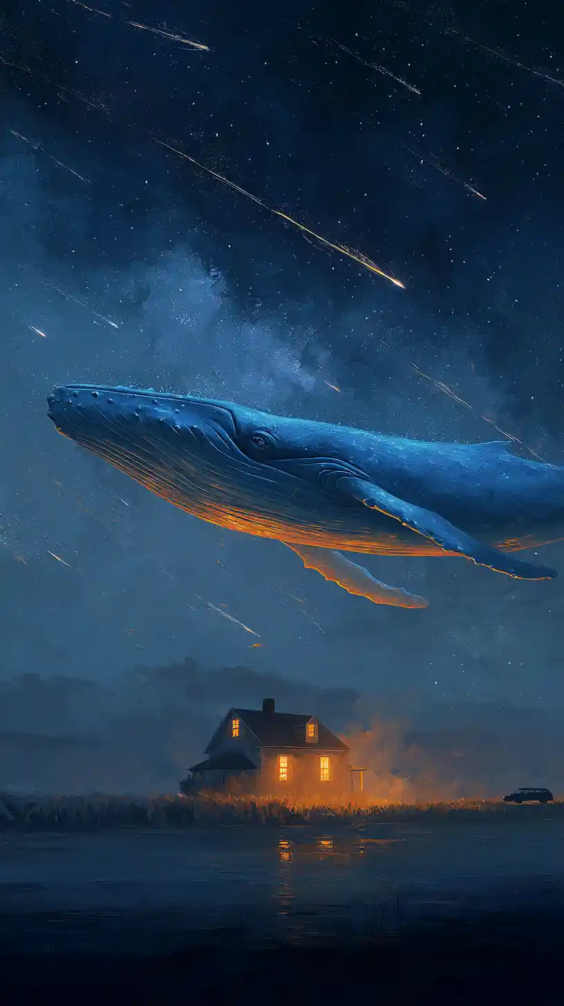 Blue whale floating across a glowing starry night sky