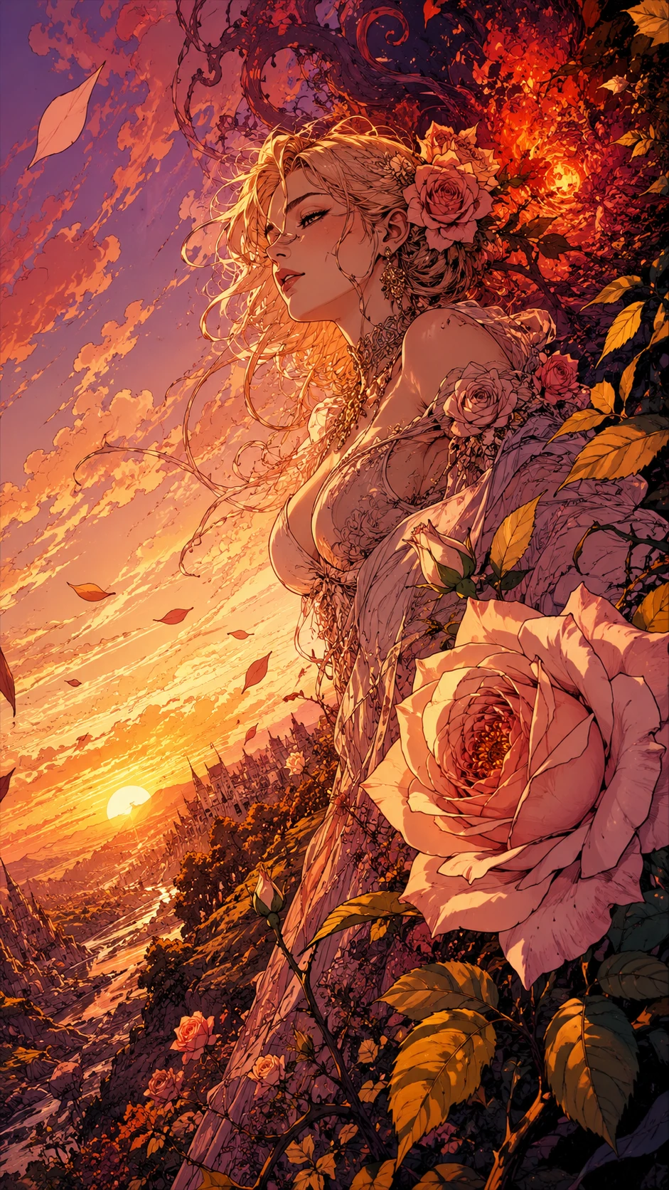 Golden flowers glowing softly in the sunset breeze