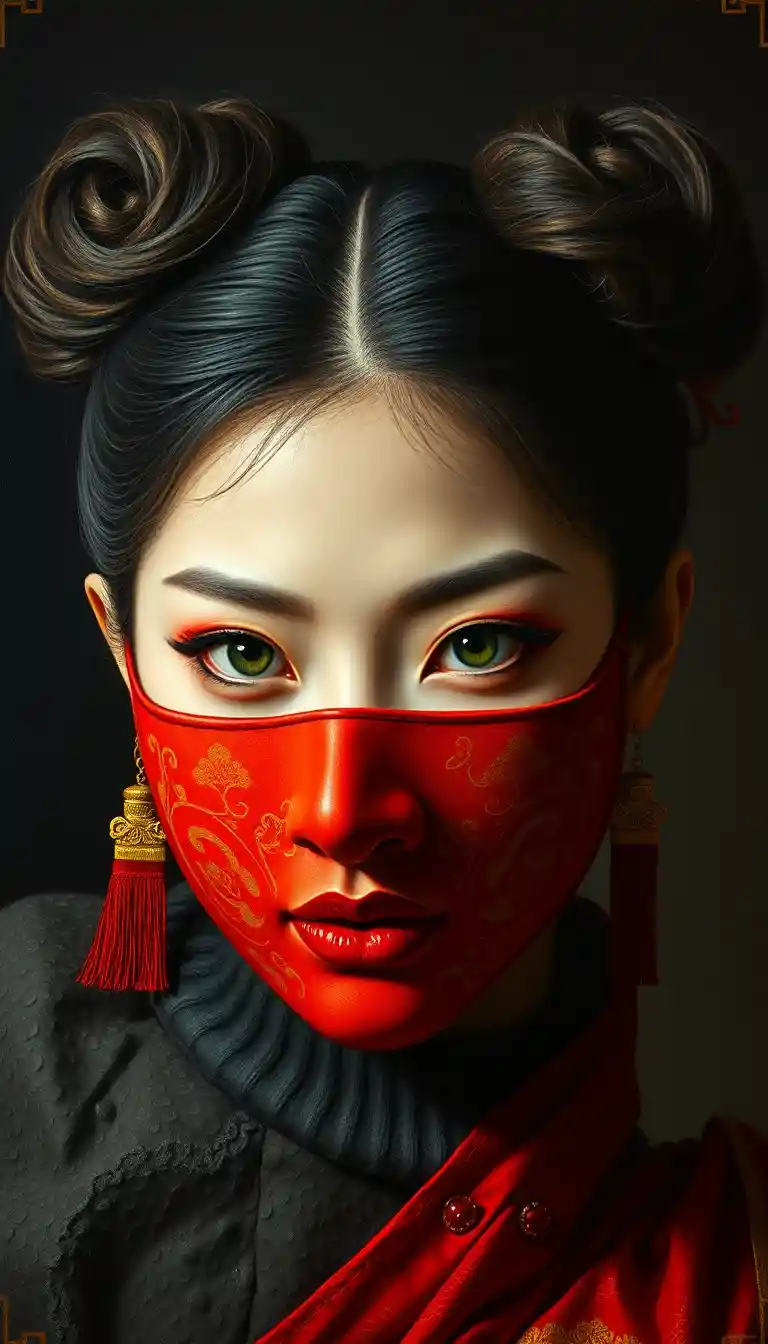 Chinese woman in red opera mask with chiaroscuro lighting