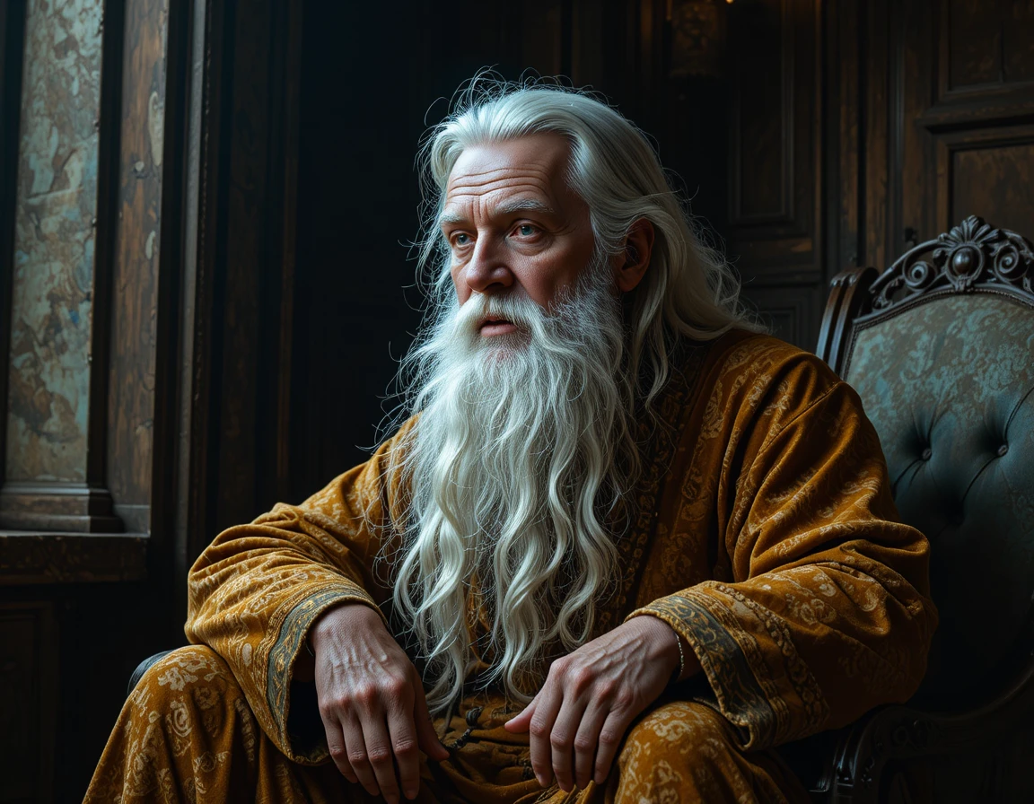 Elderly bearded man in velvet robe in dramatic light
