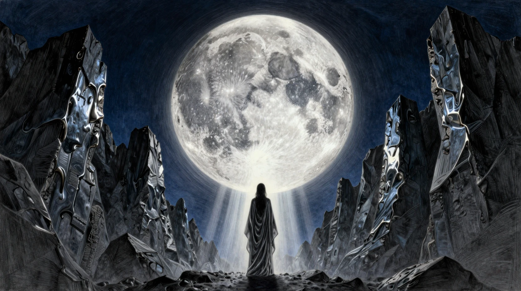 Colossal moon rising behind jagged cliffs above lone figure