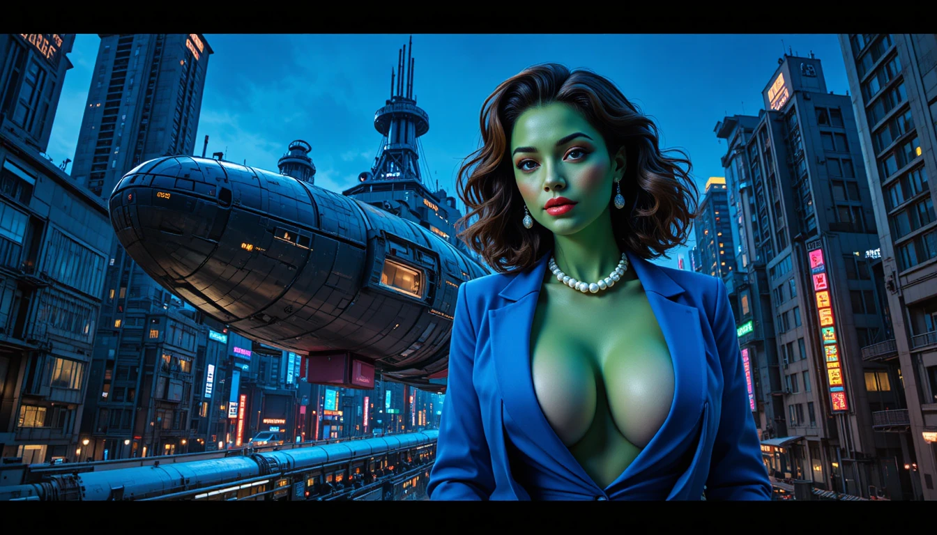 Derelict spaceship docked in neon lit alien megacity