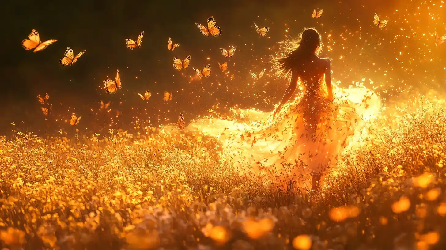 Radiant summer goddess in a golden wildflower field