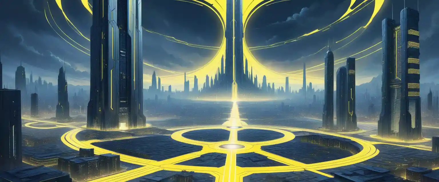 Futuristic borg metropolis under stormy yellow lightning sky