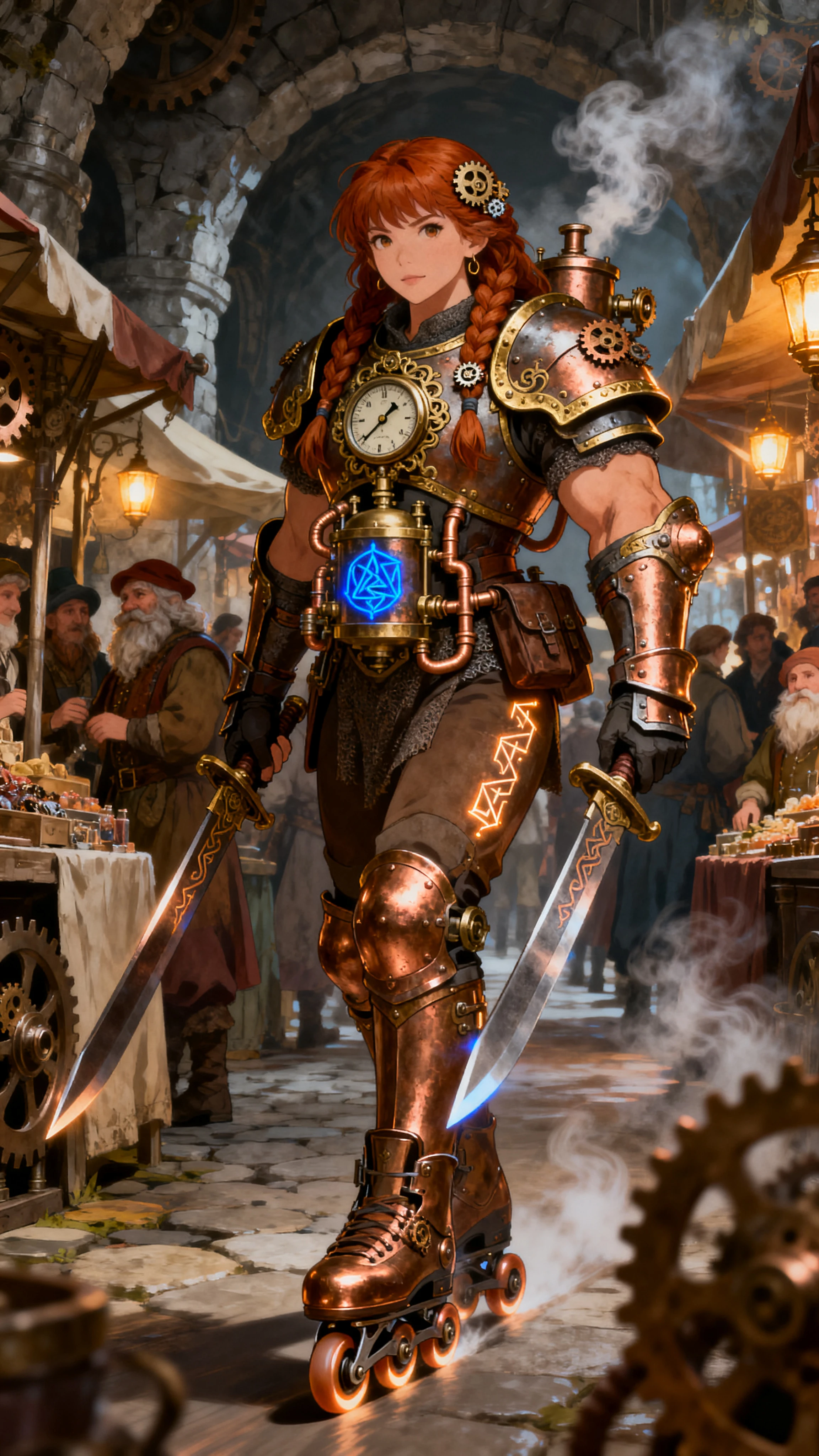 Dwarven knight on rollerskates in a steampunk market
