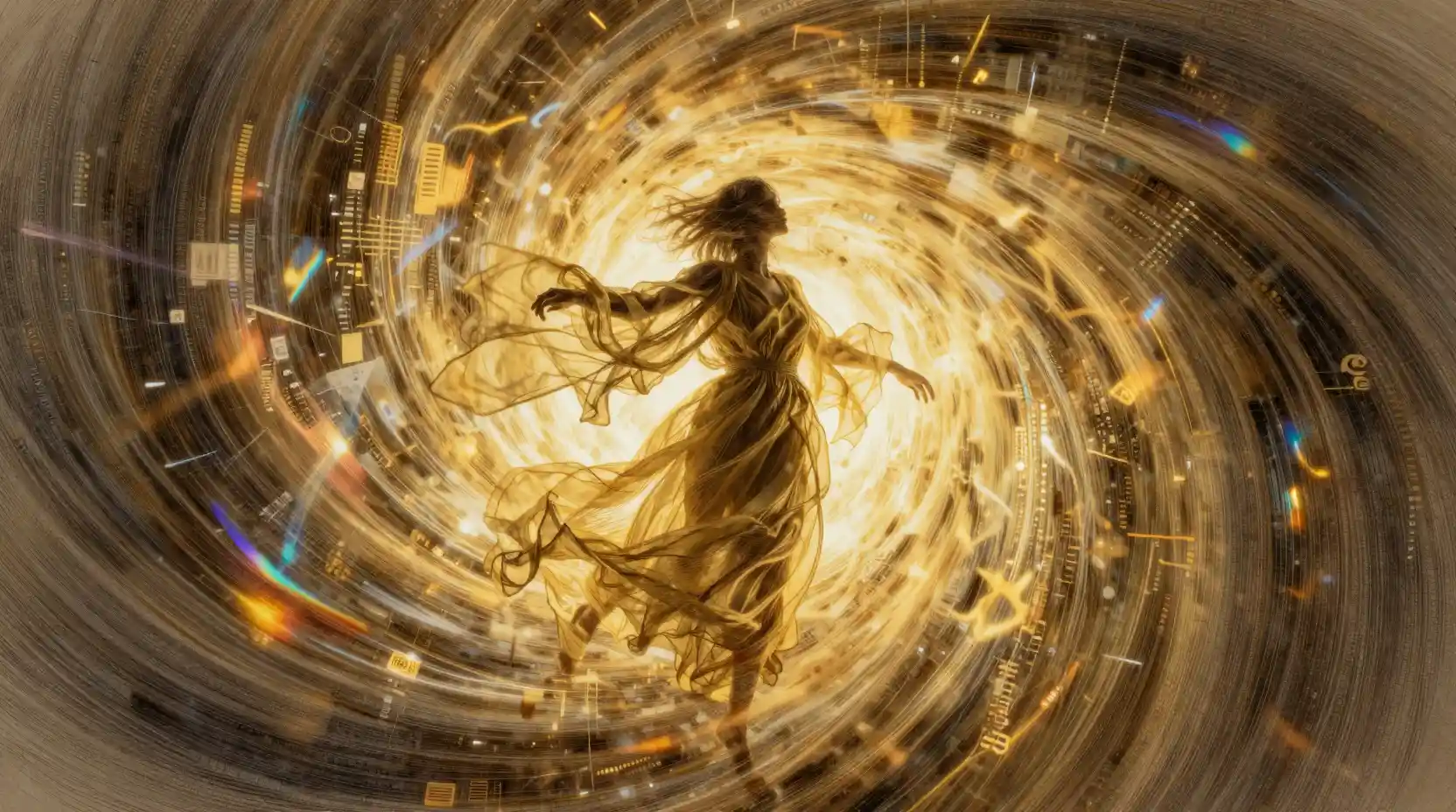 Figur im goldenen Wirbel mit wallenden Chiffonroben