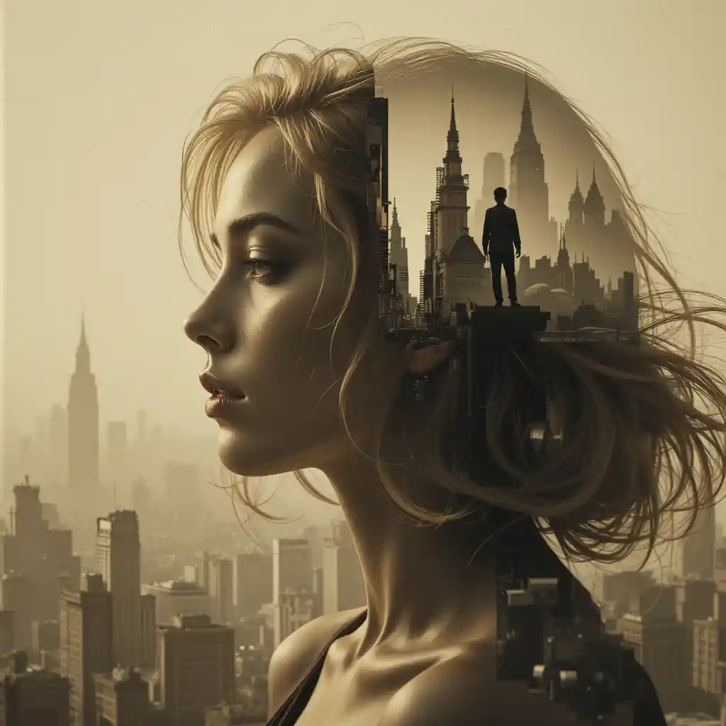 Surreal Double Exposure Portrait With Futuristic Cityscape