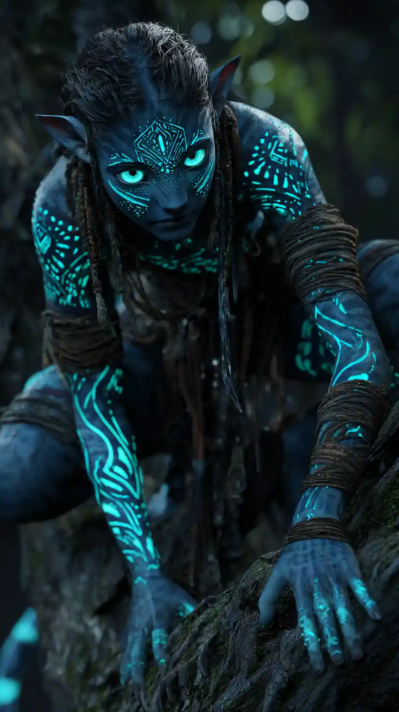 Bioluminescent feline fantasy woman in dark jungle